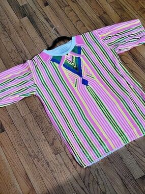 Sequence Striped Short Sleeve Top in Pink & Green Like New